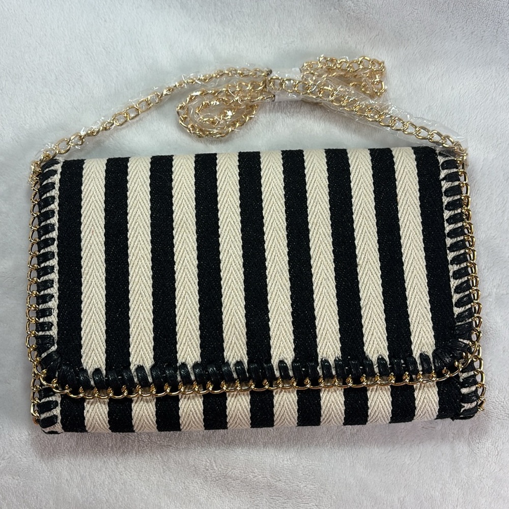 Urban Expressions Striped Chain Crossbody Clutch Black Cream NWT